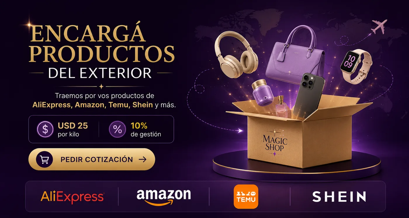 Encargá productos del exterior: AliExpress, Amazon, Temu y Shein. USD 25 por kilo y 10% de gestión.